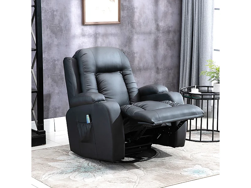 Fauteuil de massage et relaxation électrique chauffant inclinable manuellement repose-pied télécommande noir