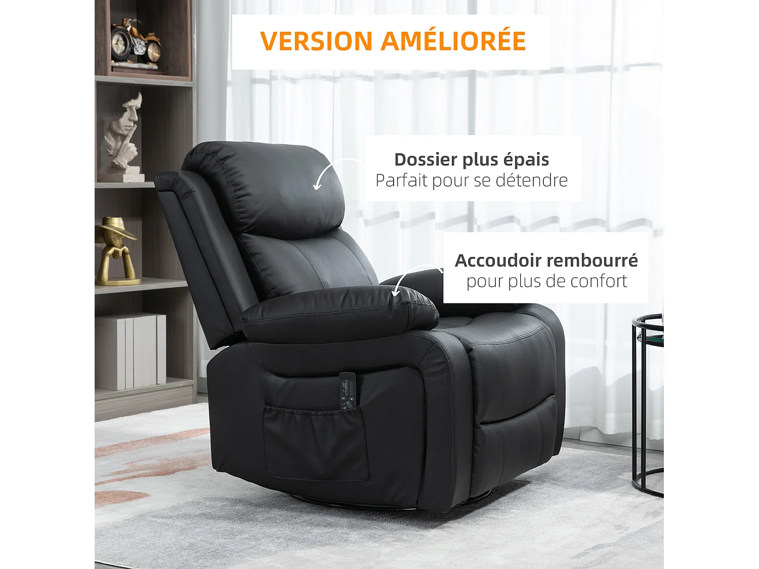 Fauteuil de massage et relaxation électrique  inclinable pivotant repose-pied télécommande noir