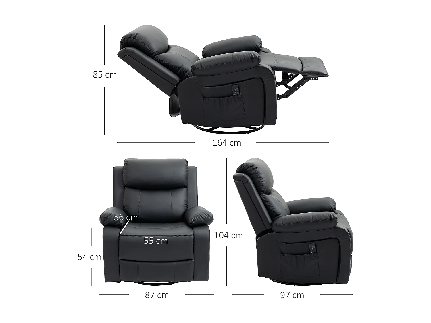 Fauteuil de massage et relaxation électrique  inclinable pivotant repose-pied télécommande noir