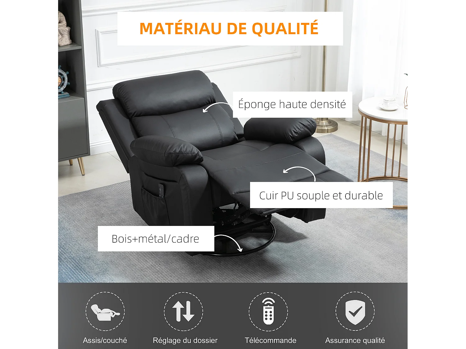 Fauteuil de massage et relaxation électrique  inclinable pivotant repose-pied télécommande noir