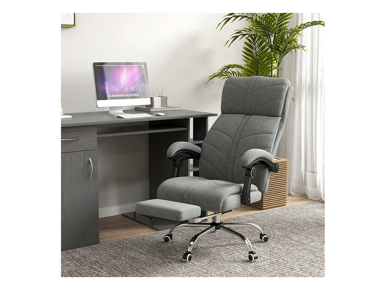 Fauteuil de bureau direction massant chauffant inclinable réglable repose-pied intégré tissu toucher flanelle grise
