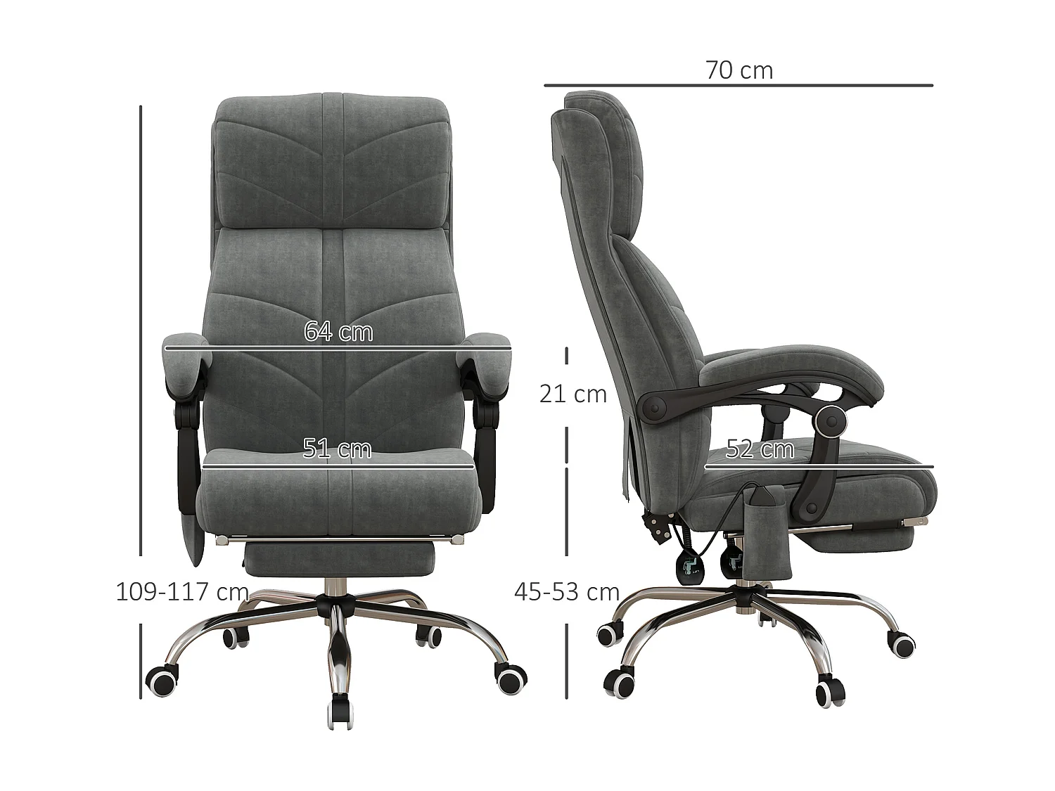 Fauteuil de bureau direction massant chauffant inclinable réglable repose-pied intégré tissu toucher flanelle grise