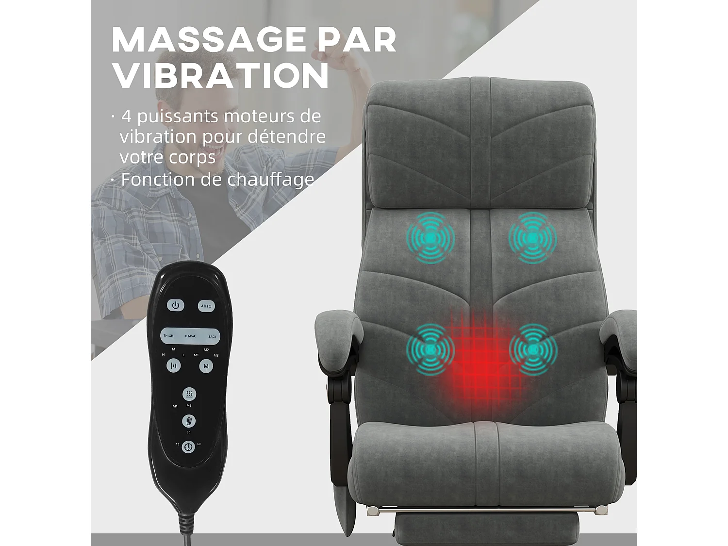 Fauteuil de bureau direction massant chauffant inclinable réglable repose-pied intégré tissu toucher flanelle grise