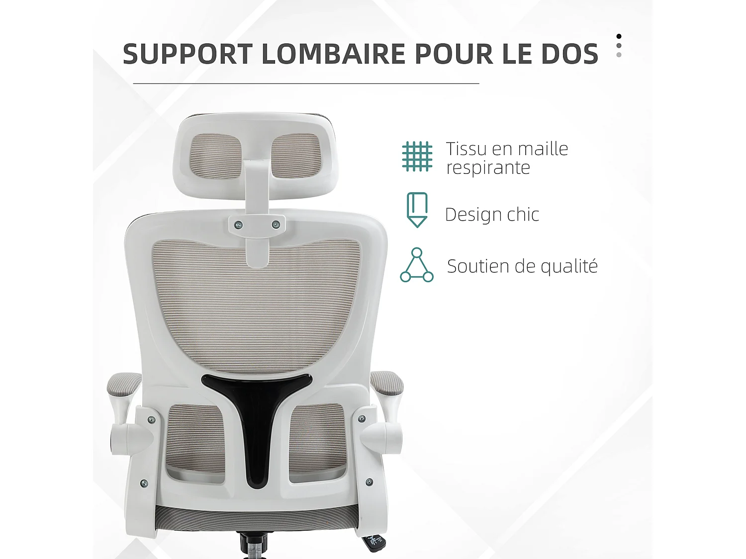 Fauteuil de bureau ergonomique réglable - fonction bascule, support lombaires, tétière ajustable - blanc gris