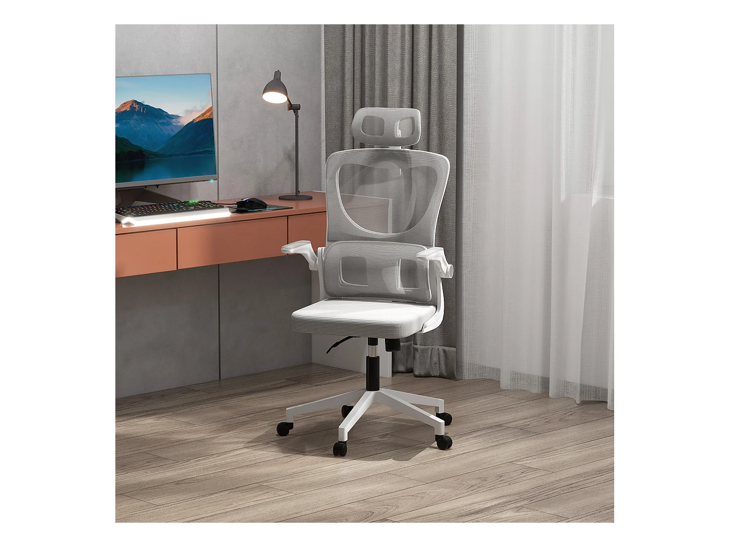 Fauteuil de bureau ergonomique réglable - fonction bascule, support lombaires, tétière ajustable - blanc gris