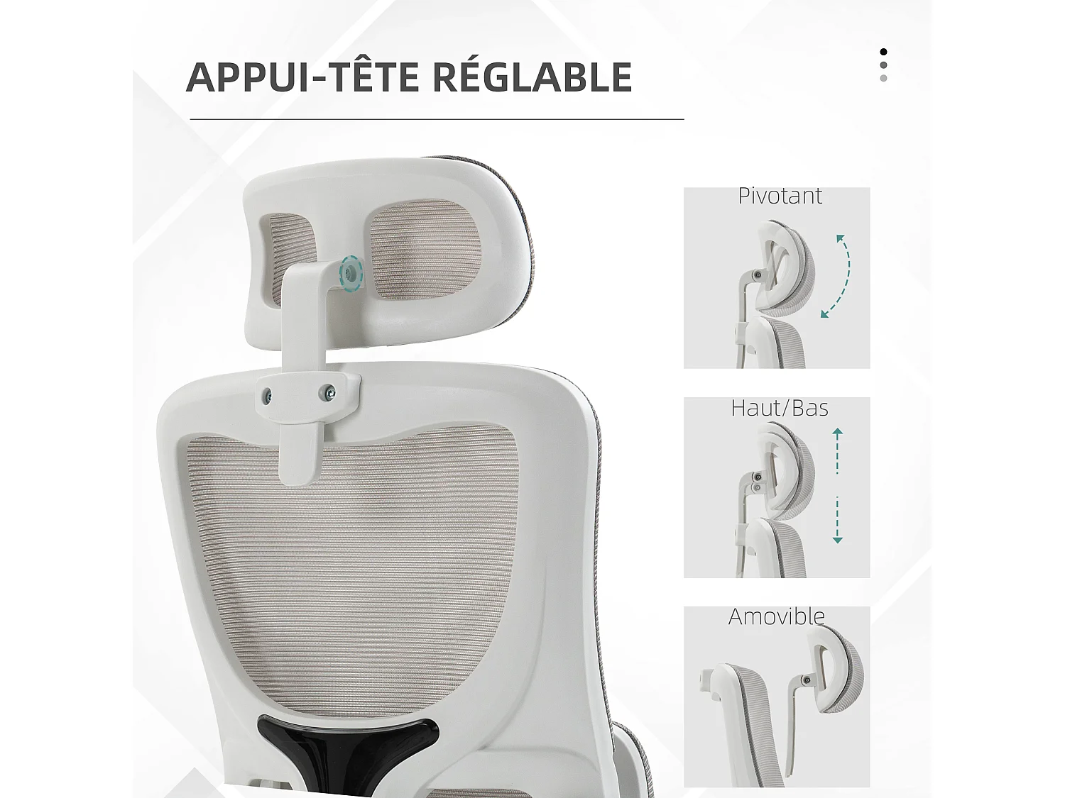 Fauteuil de bureau ergonomique réglable - fonction bascule, support lombaires, tétière ajustable - blanc gris