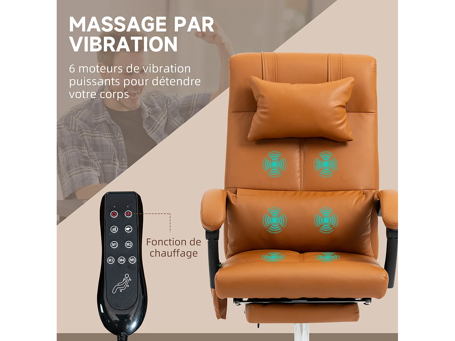 Fauteuil de bureau direction massant hauteur réglable dossier inclinable repose-pied intégré revêtement synthétique camel