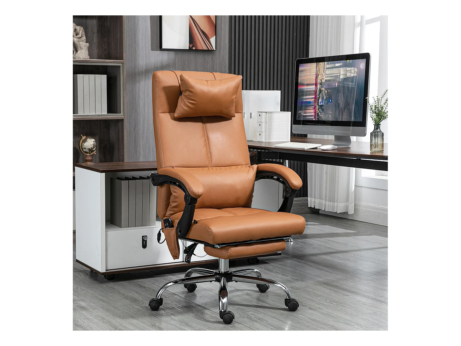 Fauteuil de bureau direction massant hauteur réglable dossier inclinable repose-pied intégré revêtement synthétique camel
