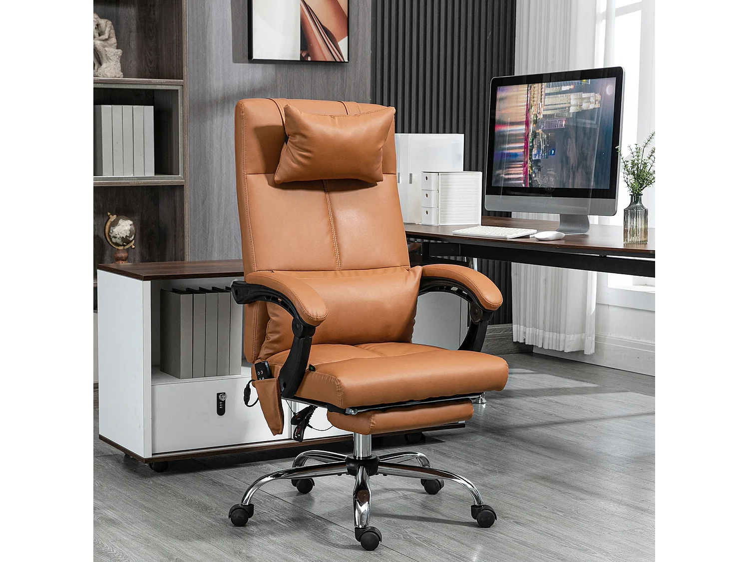 Fauteuil de bureau direction massant hauteur réglable dossier inclinable repose-pied intégré revêtement synthétique camel