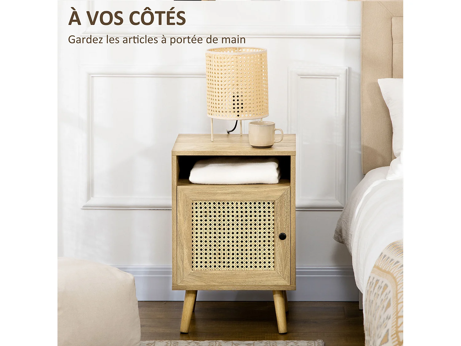 Chevet style bohème - table de nuit design - placard, niche - aspect bois manguier rotin