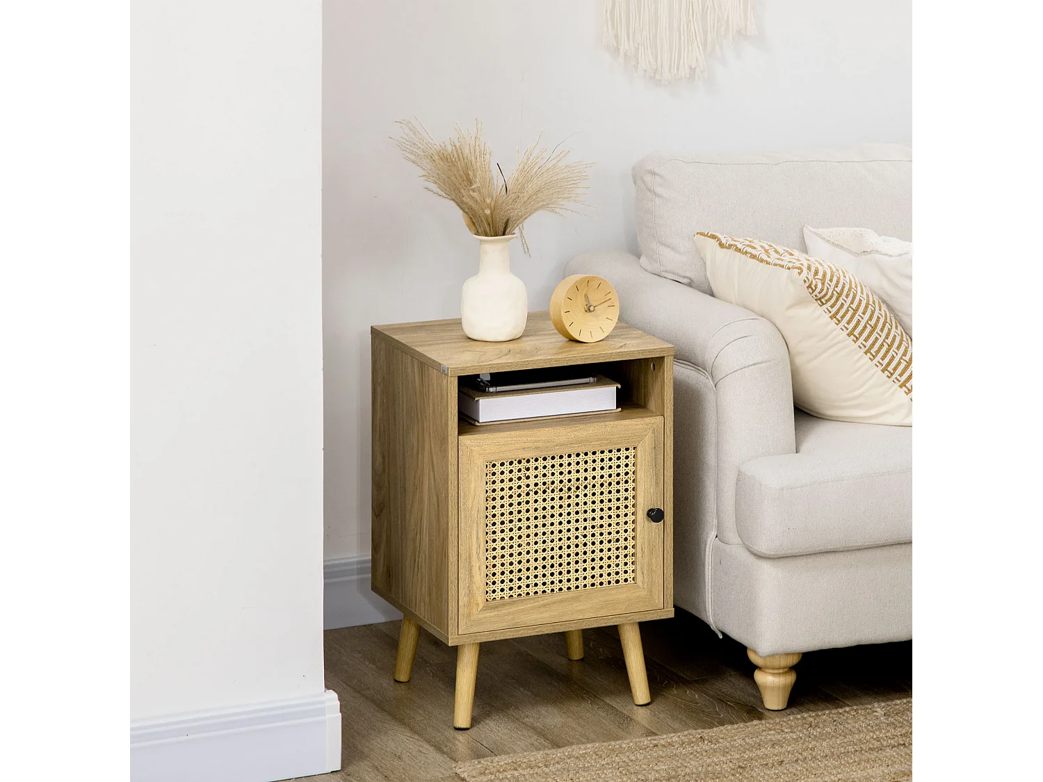 Chevet style bohème - table de nuit design - placard, niche - aspect bois manguier rotin