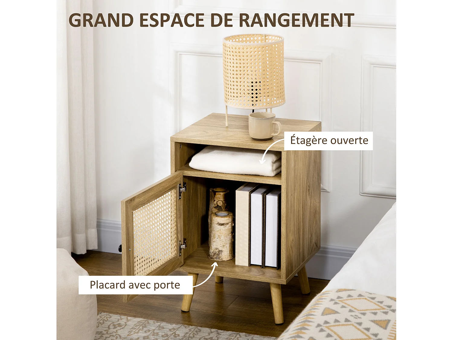 Chevet style bohème - table de nuit design - placard, niche - aspect bois manguier rotin