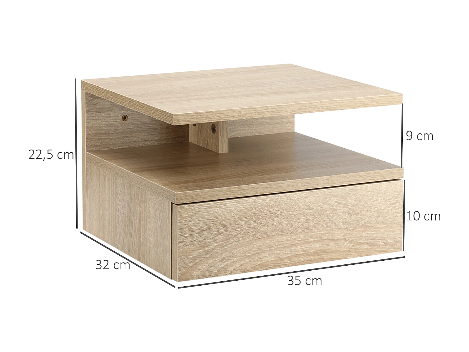 Lot de 2 tables de chevet murales - lot de 2 tables de nuit - tiroir coulissant, niche et plateau - panneau particules aspect chêne clair