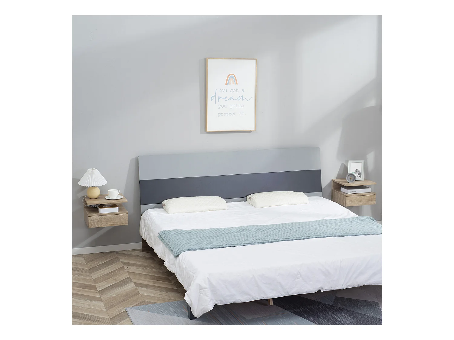 Lot de 2 tables de chevet murales - lot de 2 tables de nuit - tiroir coulissant, niche et plateau - panneau particules aspect chêne clair