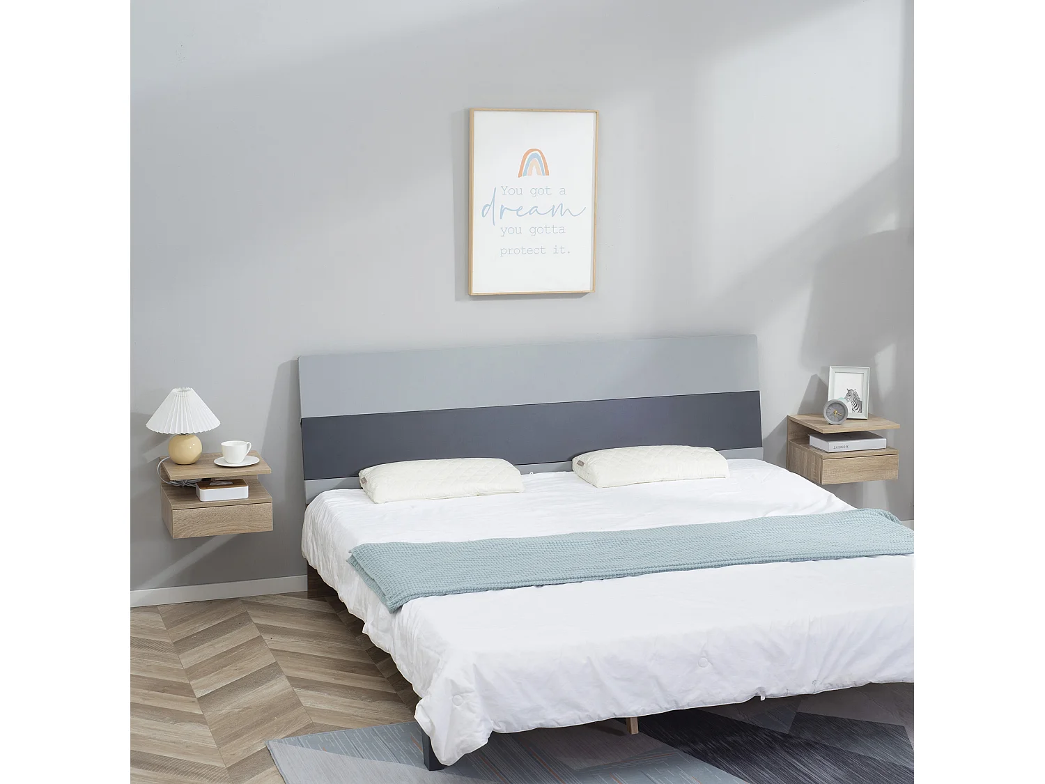 Lot de 2 tables de chevet murales - lot de 2 tables de nuit - tiroir coulissant, niche et plateau - panneau particules aspect chêne clair