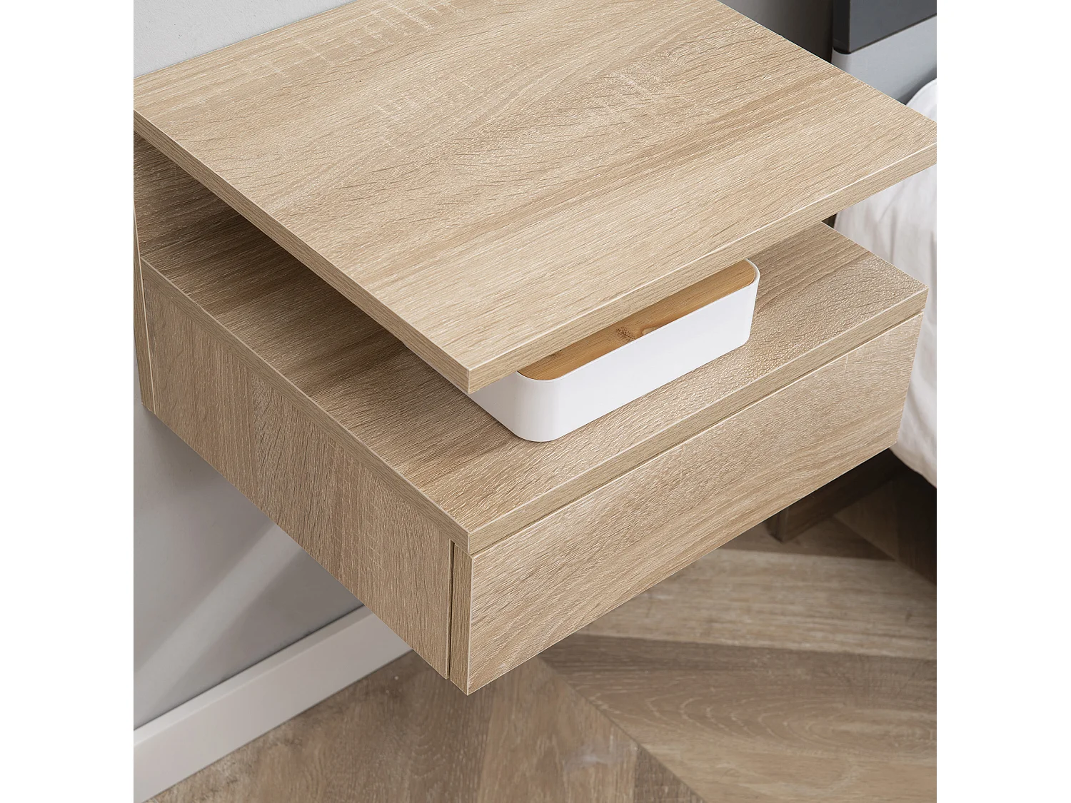 Lot de 2 tables de chevet murales - lot de 2 tables de nuit - tiroir coulissant, niche et plateau - panneau particules aspect chêne clair