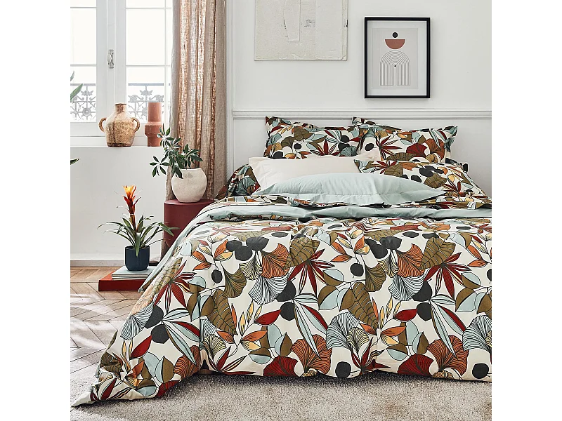 Parure de lit percale de coton 260x240 cm CASCADE vert Sauge 3 pièces