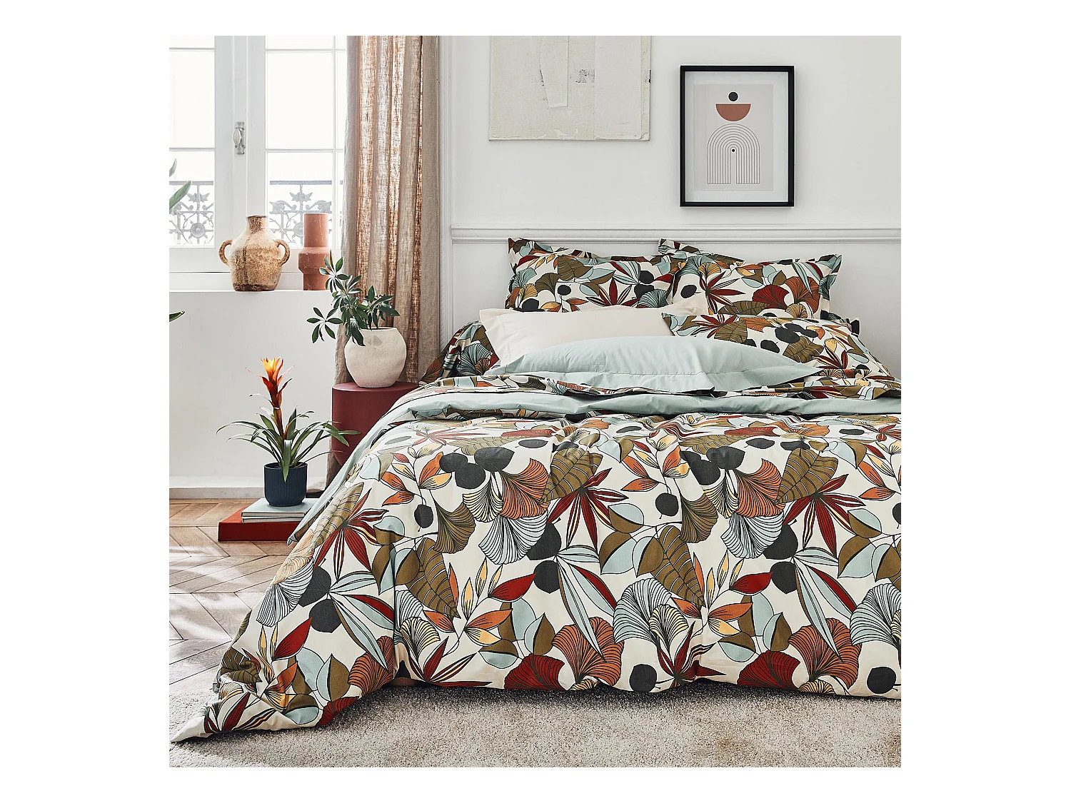 Parure de lit percale de coton 260x240 cm CASCADE vert Sauge 3 pièces