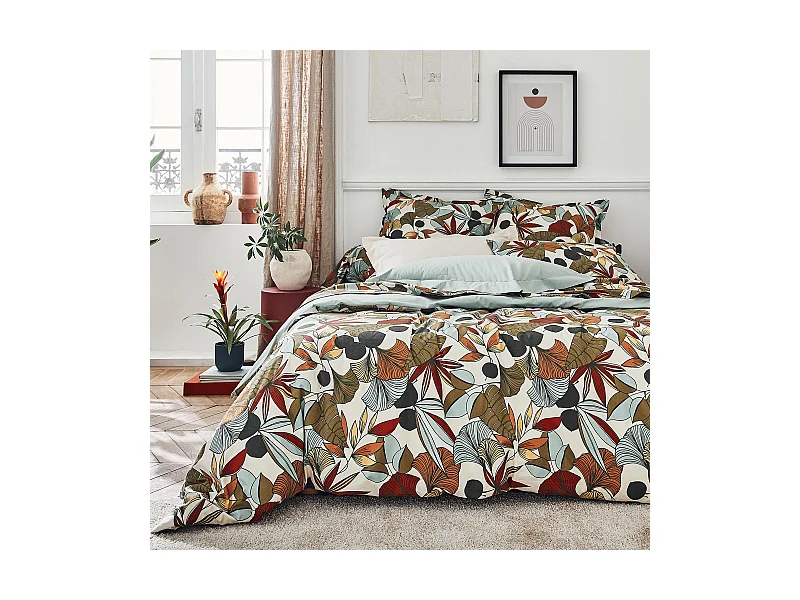 Parure de lit percale de coton 240x220 cm CASCADE vert Sauge 3 pièces