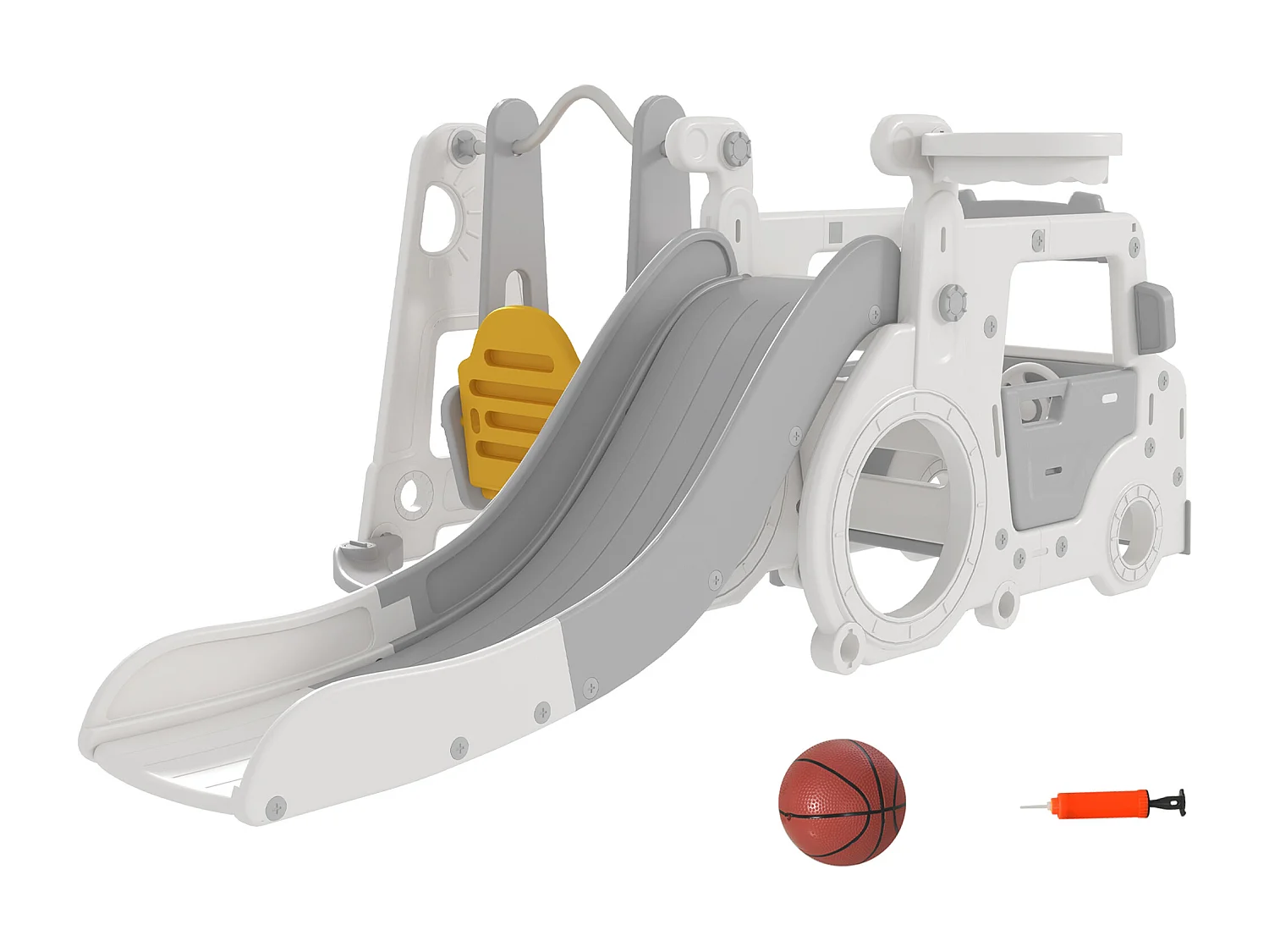 Portique enfant toboggan, balançoire, panier basket-ball, échelle, maisonnette, franchissement - aire de jeux 6 en 1 - intérieur extérieur - blanc gris