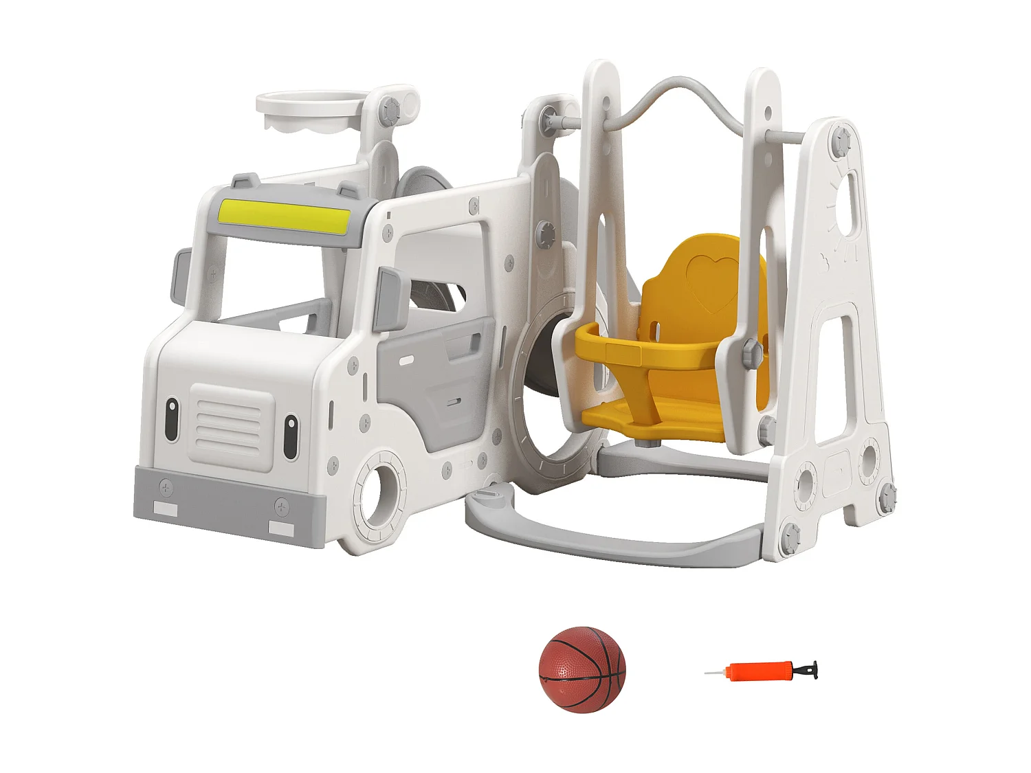 Portique enfant toboggan, balançoire, panier basket-ball, échelle, maisonnette, franchissement - aire de jeux 6 en 1 - intérieur extérieur - blanc gris