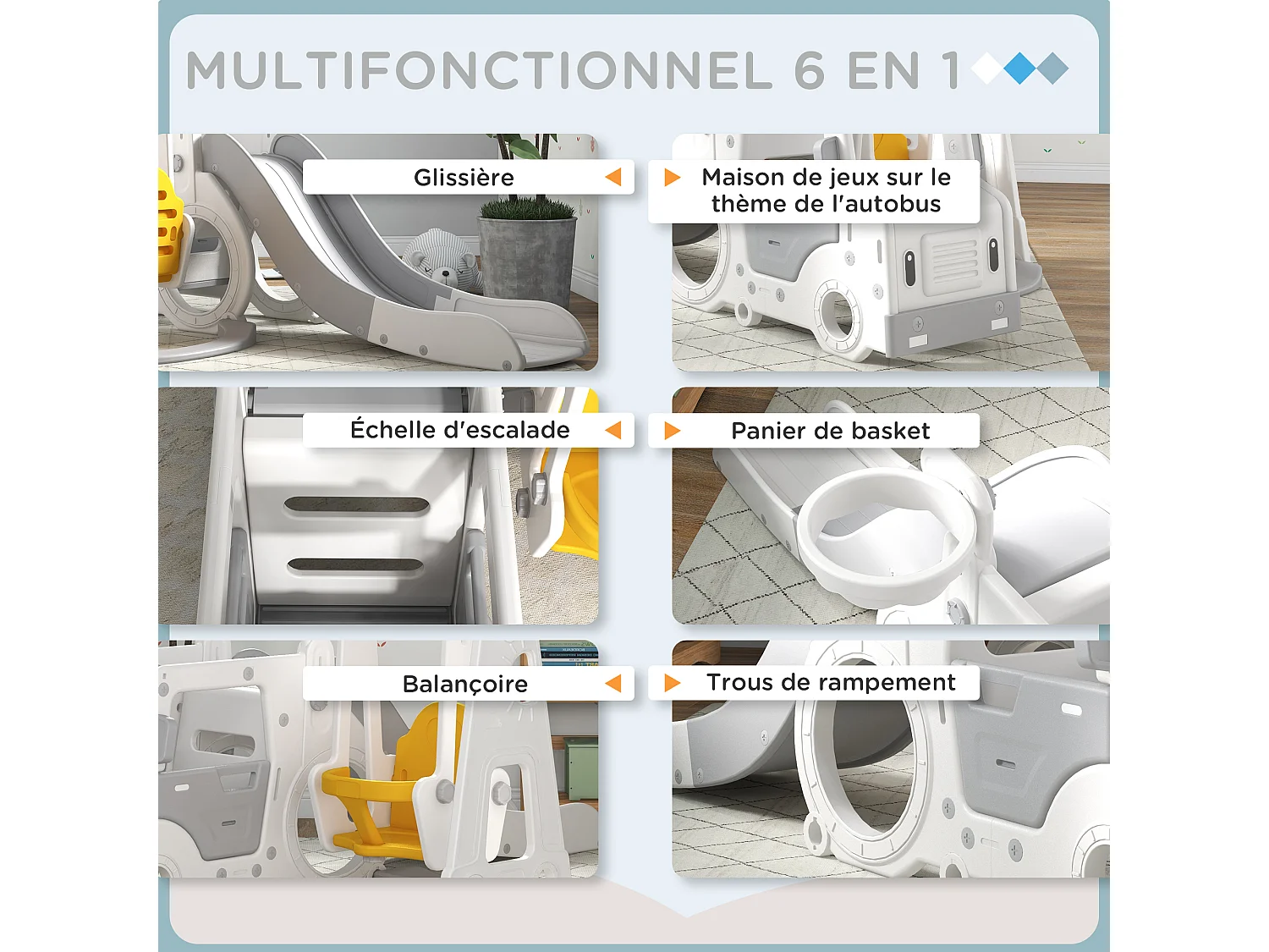 Portique enfant toboggan, balançoire, panier basket-ball, échelle, maisonnette, franchissement - aire de jeux 6 en 1 - intérieur extérieur - blanc gris