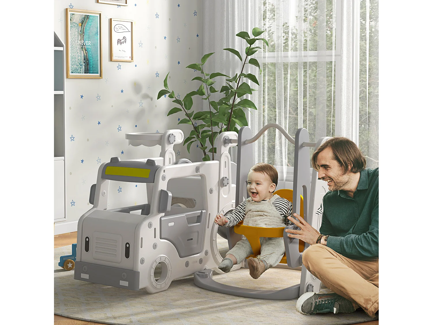 Portique enfant toboggan, balançoire, panier basket-ball, échelle, maisonnette, franchissement - aire de jeux 6 en 1 - intérieur extérieur - blanc gris