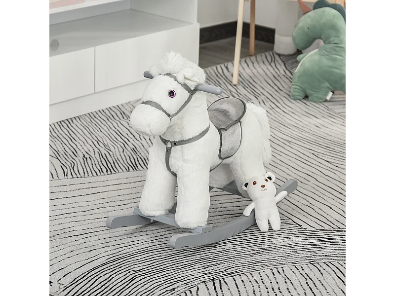 Cheval à bascule - effets sonores, peluche ourson inclus - poignées structure bois peuplier gris peluche courte douce blanc