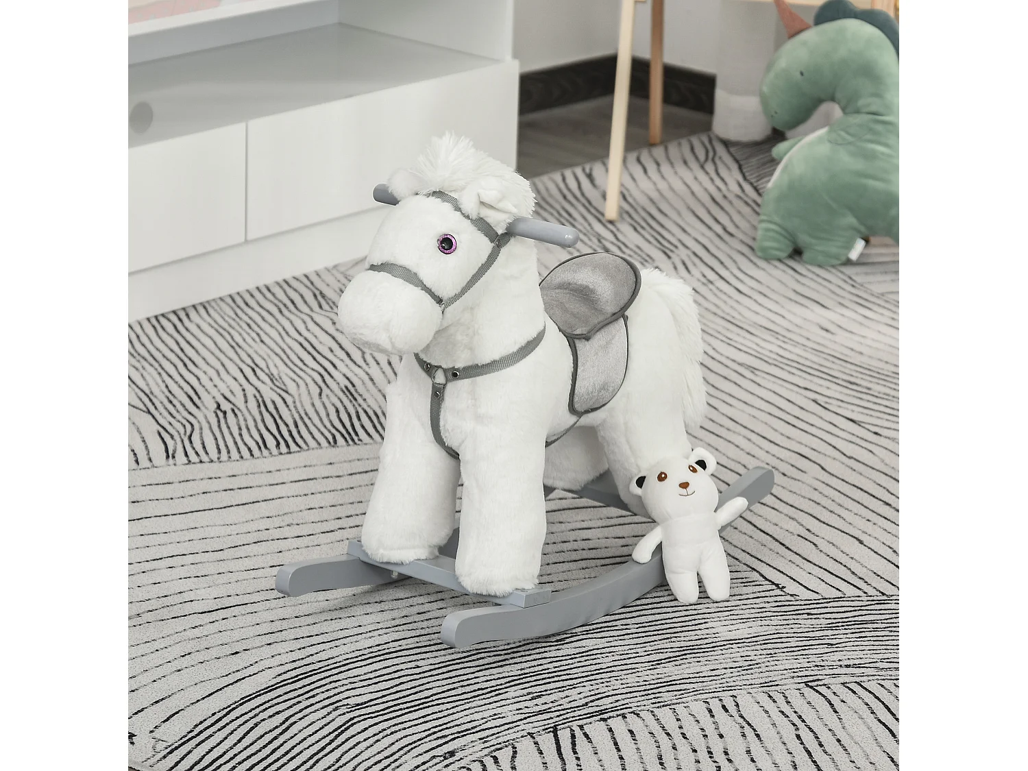 Cheval à bascule - effets sonores, peluche ourson inclus - poignées structure bois peuplier gris peluche courte douce blanc