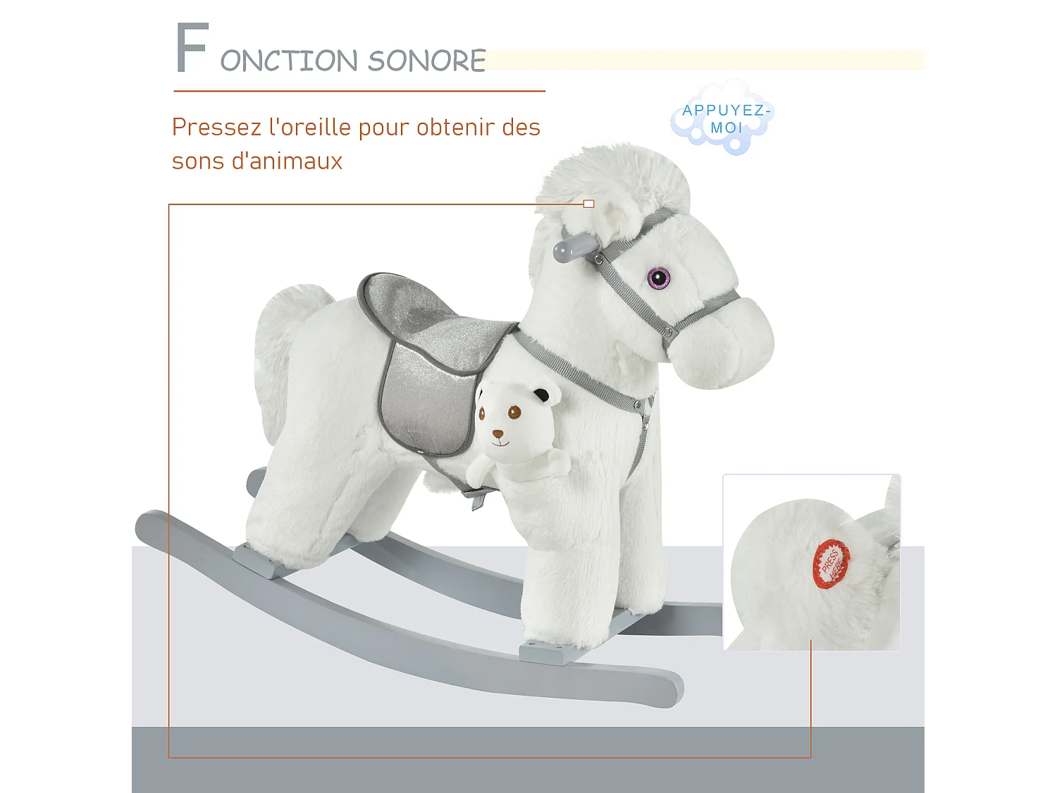 Cheval à bascule - effets sonores, peluche ourson inclus - poignées structure bois peuplier gris peluche courte douce blanc