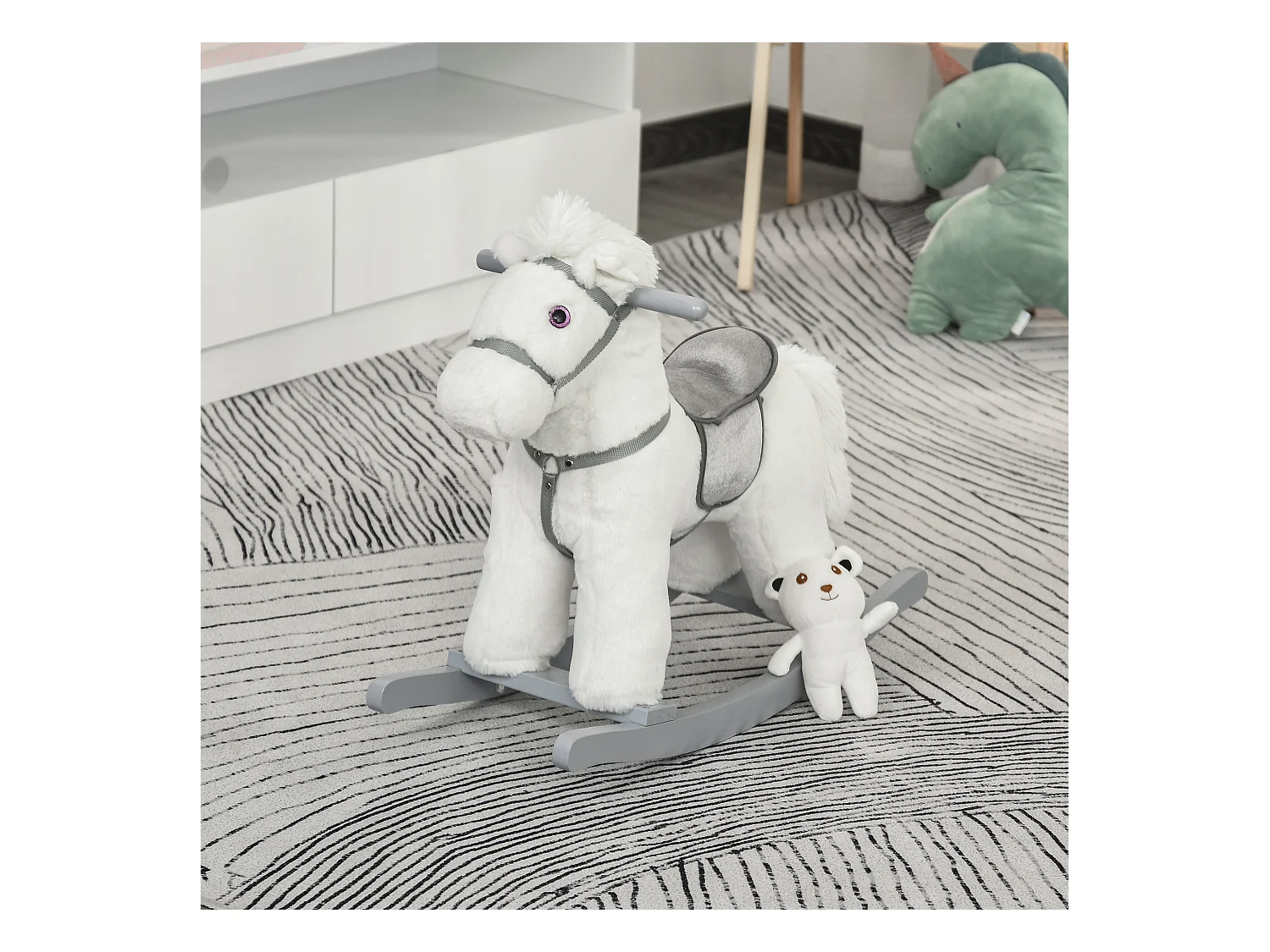 Cheval à bascule - effets sonores, peluche ourson inclus - poignées structure bois peuplier gris peluche courte douce blanc