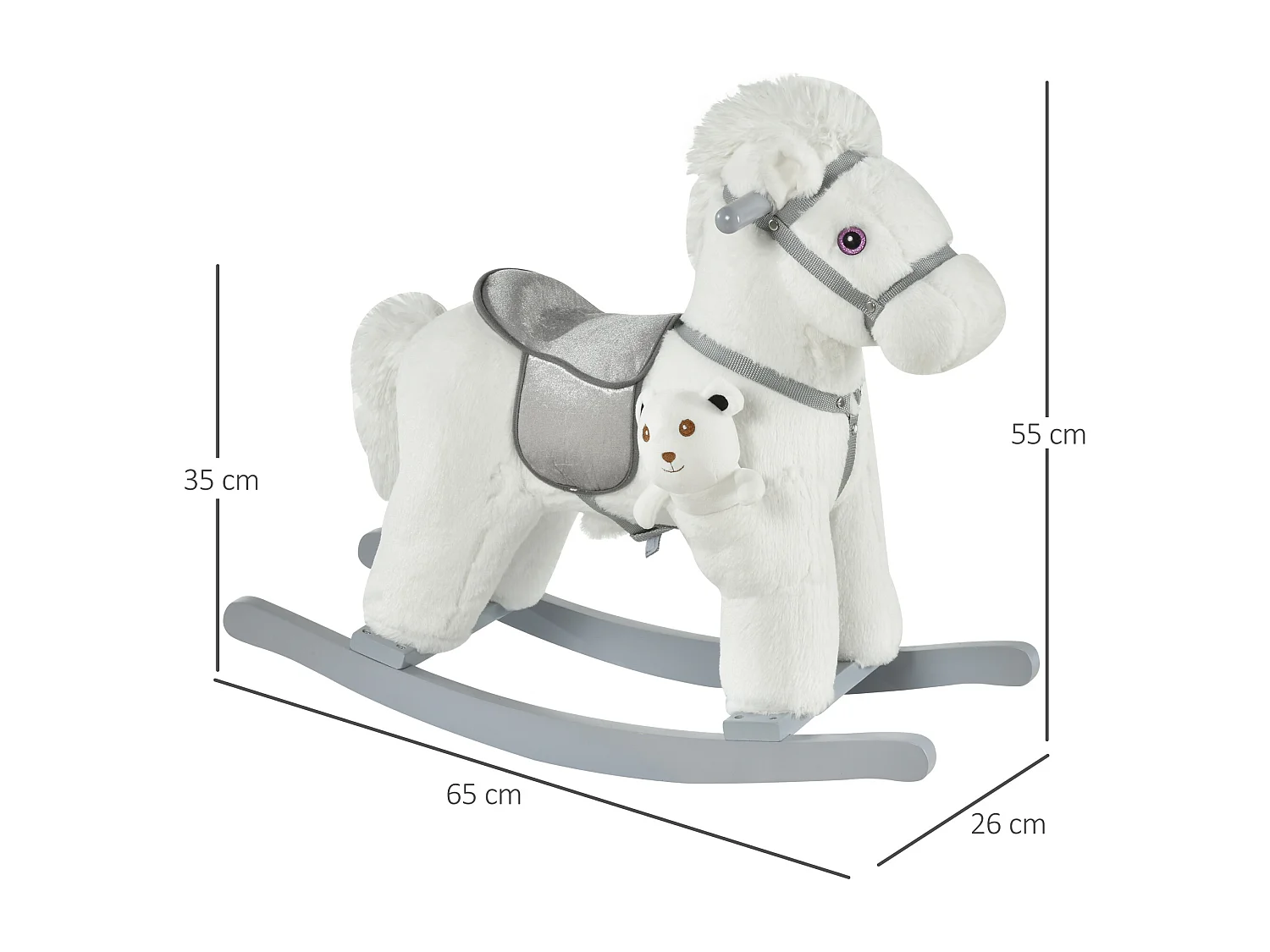 Cheval à bascule - effets sonores, peluche ourson inclus - poignées structure bois peuplier gris peluche courte douce blanc