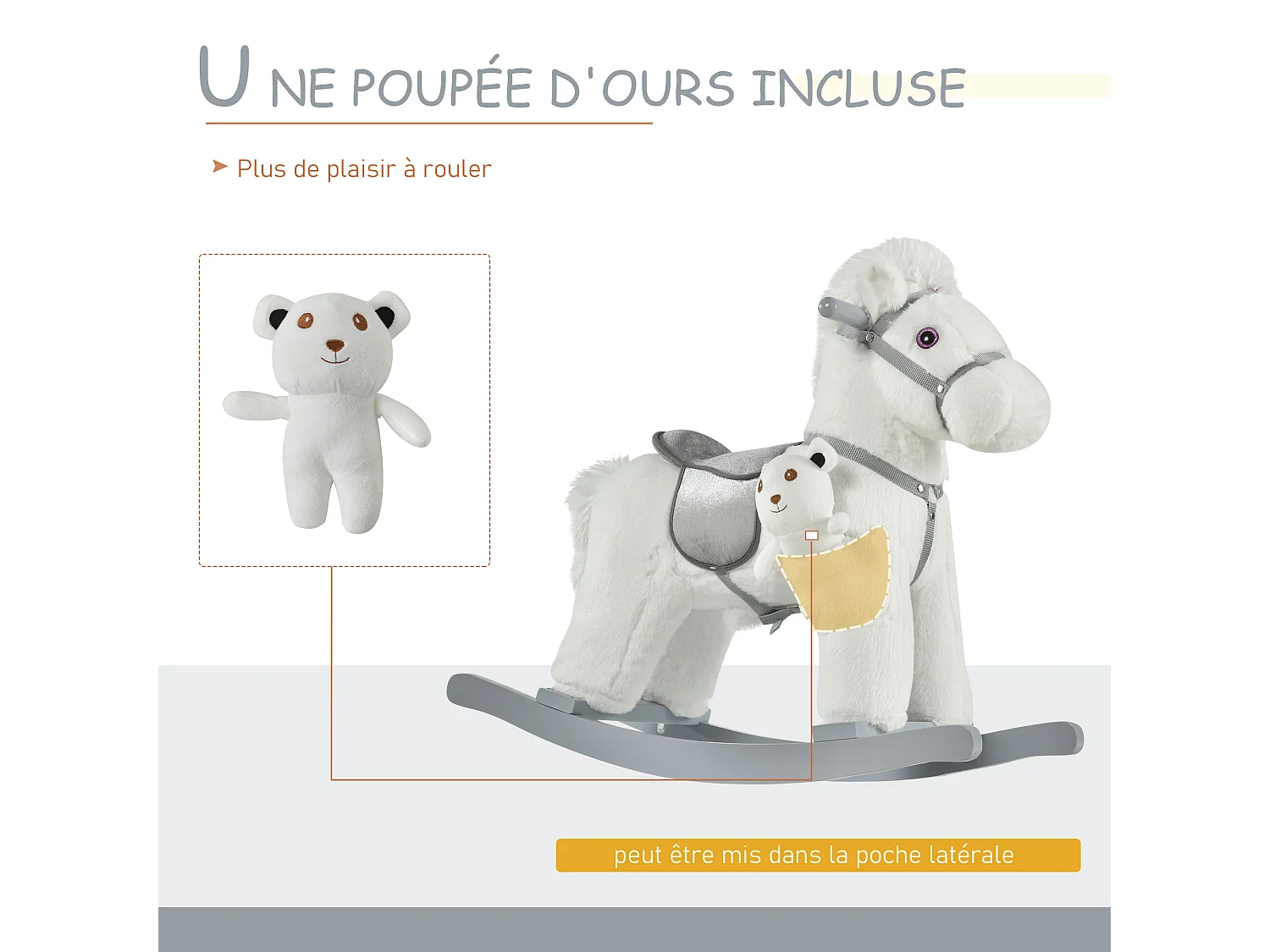 Cheval à bascule - effets sonores, peluche ourson inclus - poignées structure bois peuplier gris peluche courte douce blanc