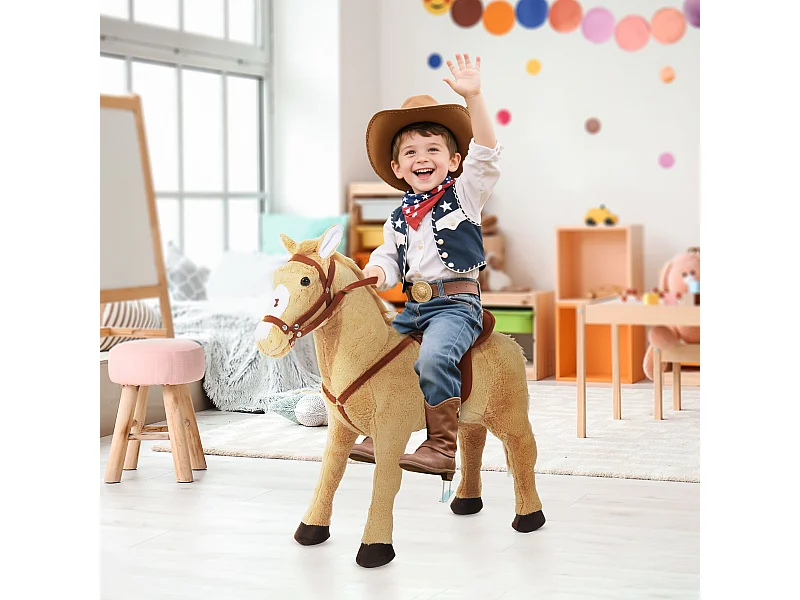 Cheval debout en peluche effets sonores hennissement et galop selle étrier rênes beige