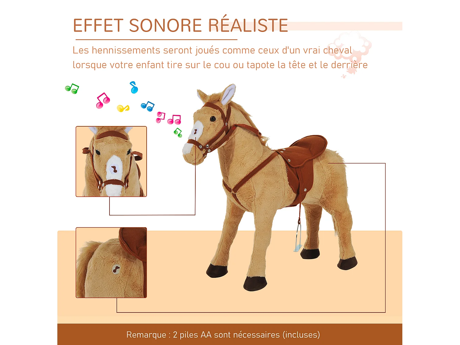 Cheval debout en peluche effets sonores hennissement et galop selle étrier rênes beige