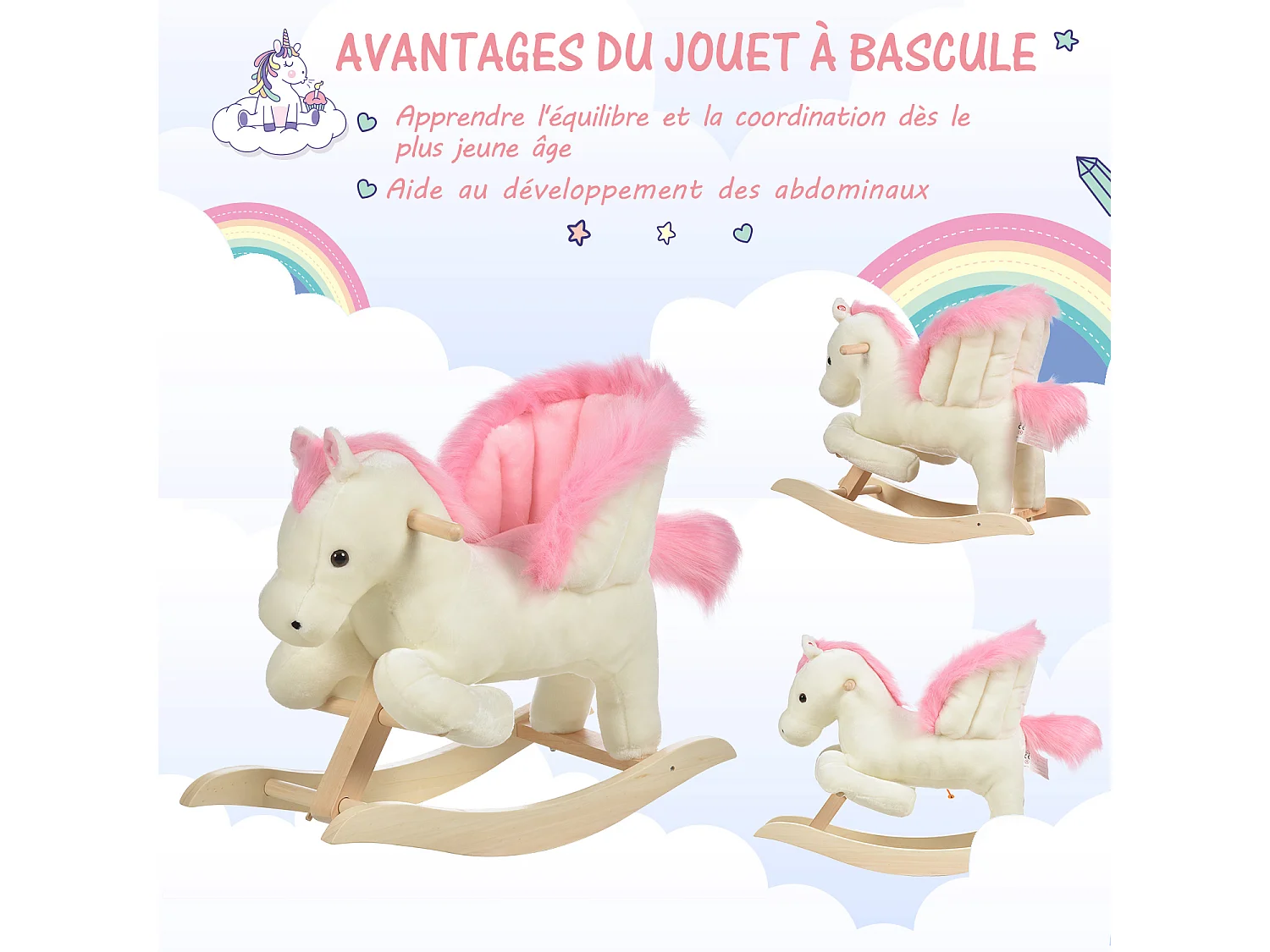 Cheval à bascule fonction musicale selle grand confort peluche courte douce bois peuplier blanc et rose dim. 70L x 28l x 57H cm