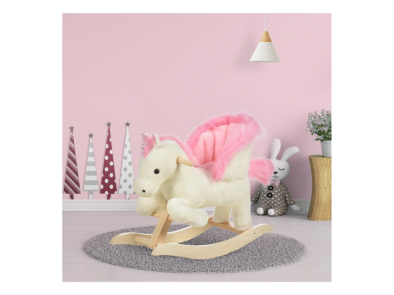 Cheval à bascule fonction musicale selle grand confort peluche courte douce bois peuplier blanc et rose dim. 70L x 28l x 57H cm