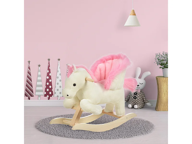 Cheval à bascule fonction musicale selle grand confort peluche courte douce bois peuplier blanc et rose dim. 70L x 28l x 57H cm