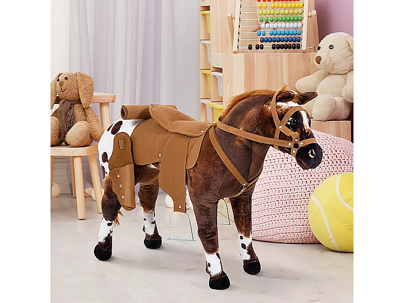 Cheval debout en peluche effets sonores hennissement et galop selle étrier rênes 85L x 28l x 60H marron blanc