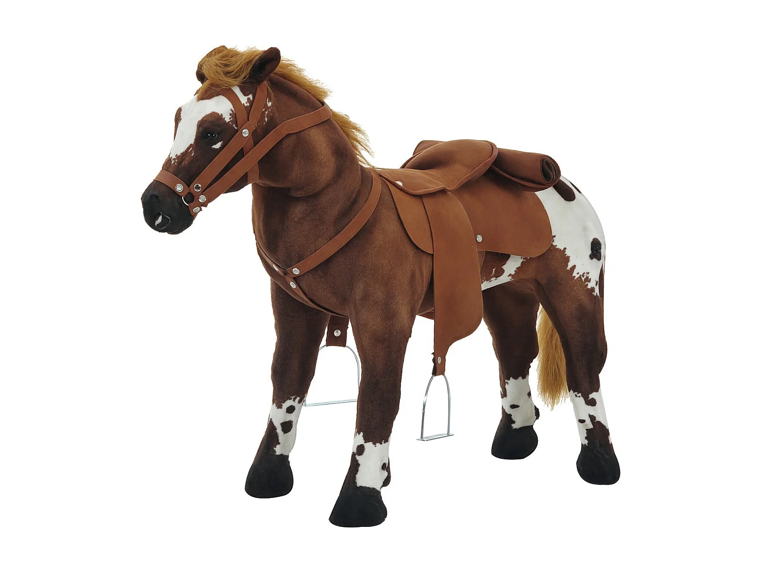 Cheval debout en peluche effets sonores hennissement et galop selle étrier rênes 85L x 28l x 60H marron blanc