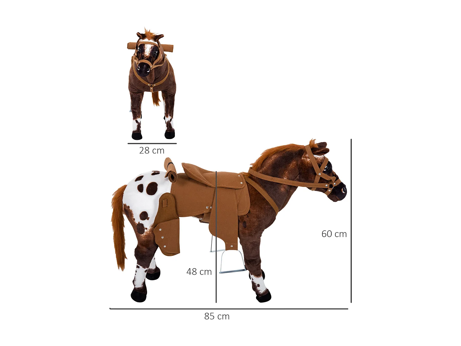 Cheval debout en peluche effets sonores hennissement et galop selle étrier rênes 85L x 28l x 60H marron blanc