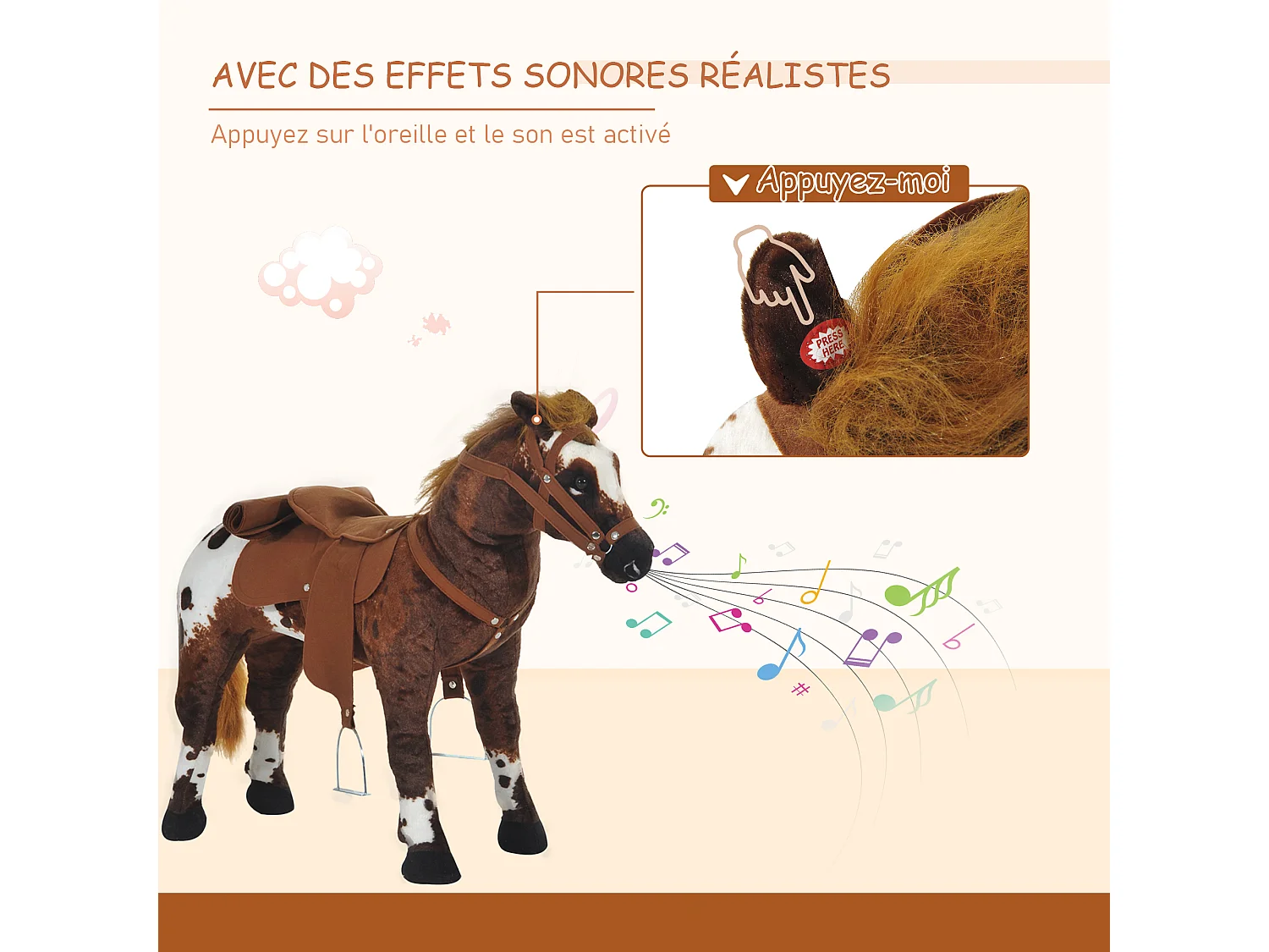 Cheval debout en peluche effets sonores hennissement et galop selle étrier rênes 85L x 28l x 60H marron blanc