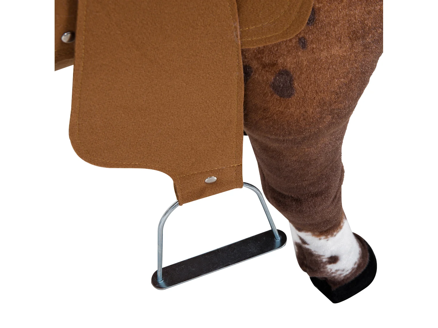 Cheval debout en peluche effets sonores hennissement et galop selle étrier rênes 85L x 28l x 60H marron blanc