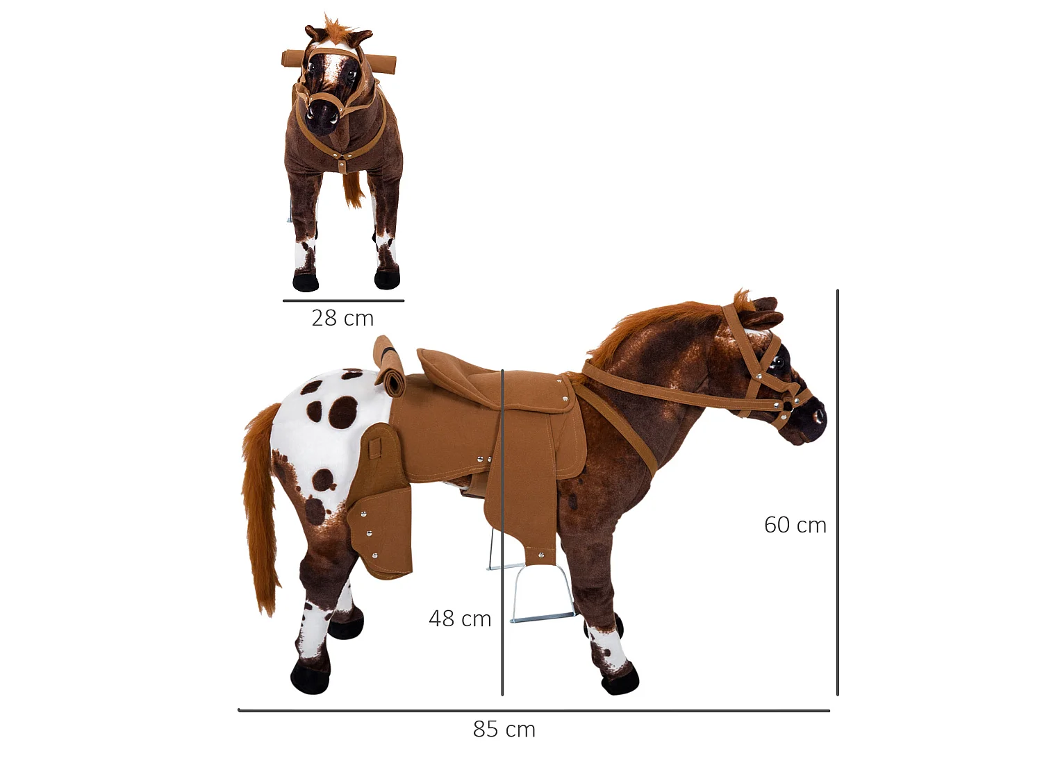 Cheval debout en peluche effets sonores hennissement et galop selle étrier rênes 85L x 28l x 60H marron blanc