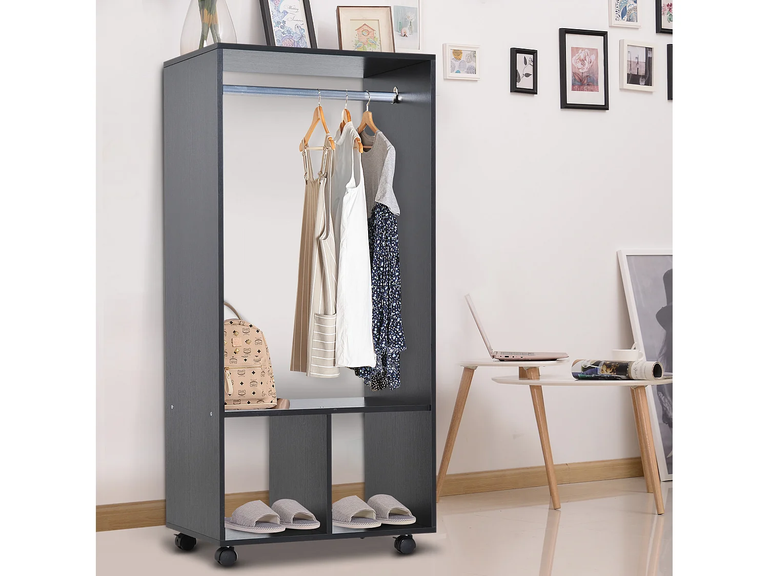 Armoire penderie étagère 2 niches penderie 4 roulettes pivotantes dim. 60L x 40l x 128H cm noir