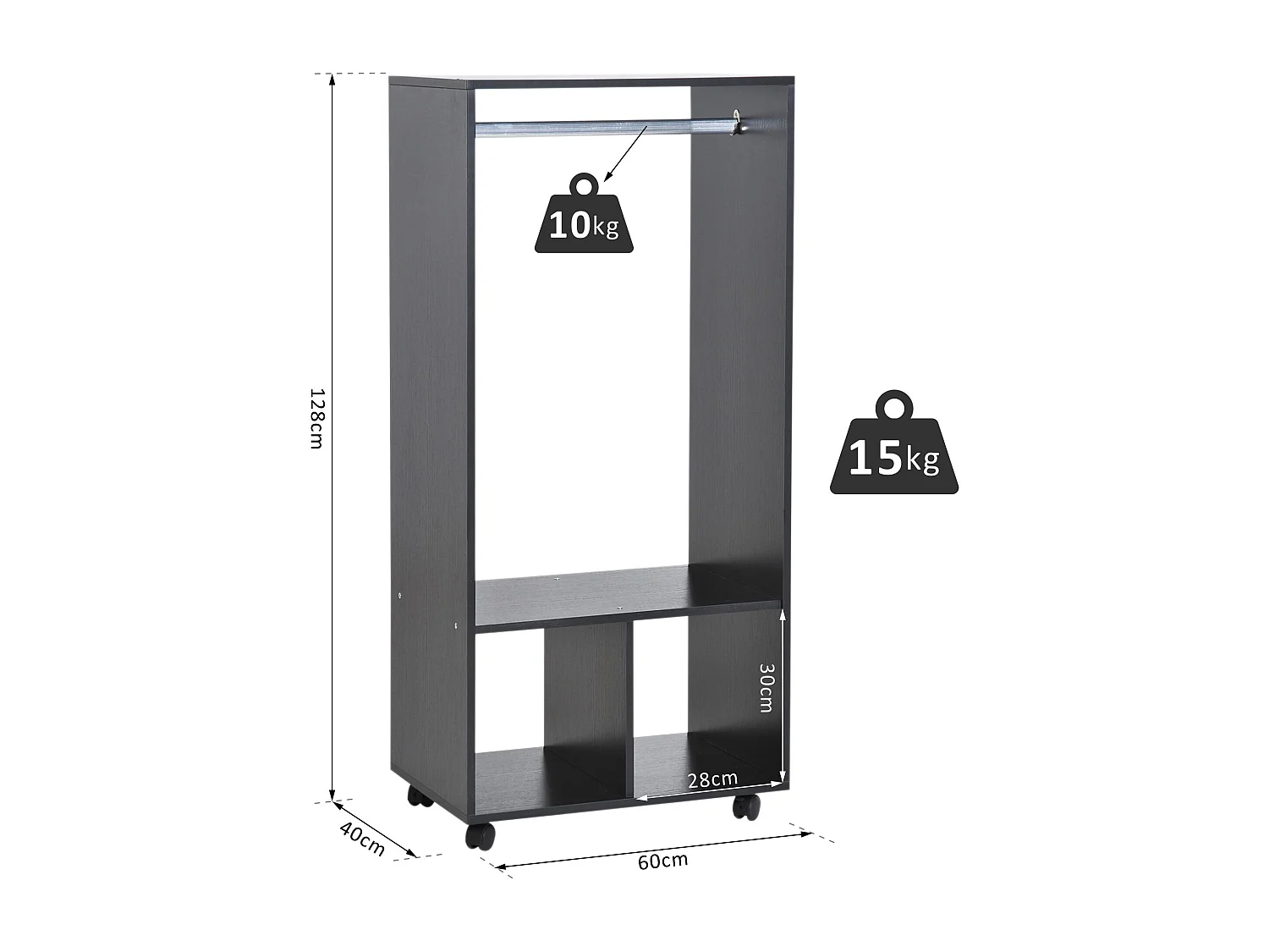 Armoire penderie étagère 2 niches penderie 4 roulettes pivotantes dim. 60L x 40l x 128H cm noir