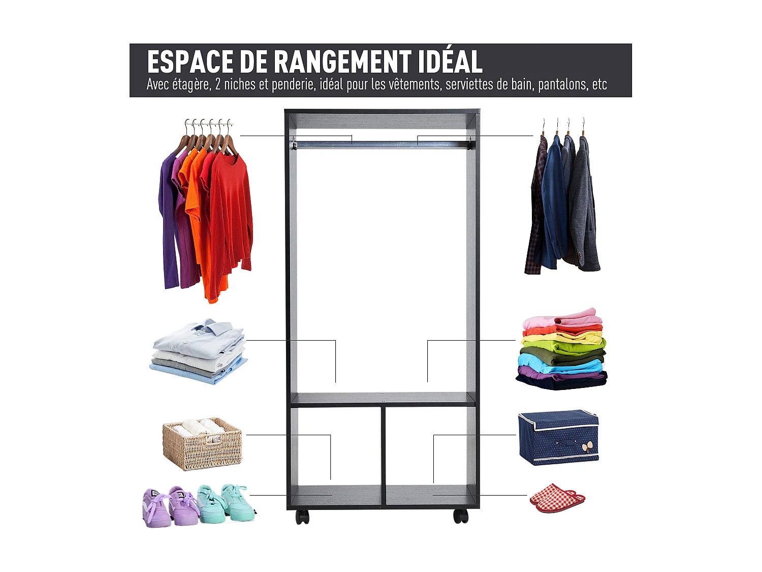Armoire penderie étagère 2 niches penderie 4 roulettes pivotantes dim. 60L x 40l x 128H cm noir
