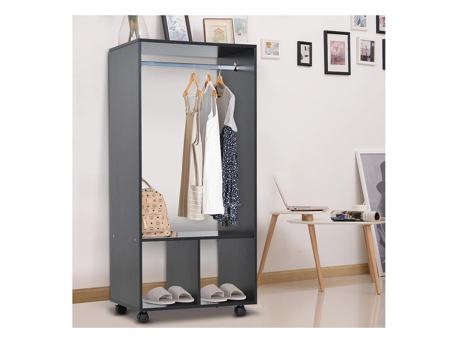 Armoire penderie étagère 2 niches penderie 4 roulettes pivotantes dim. 60L x 40l x 128H cm noir