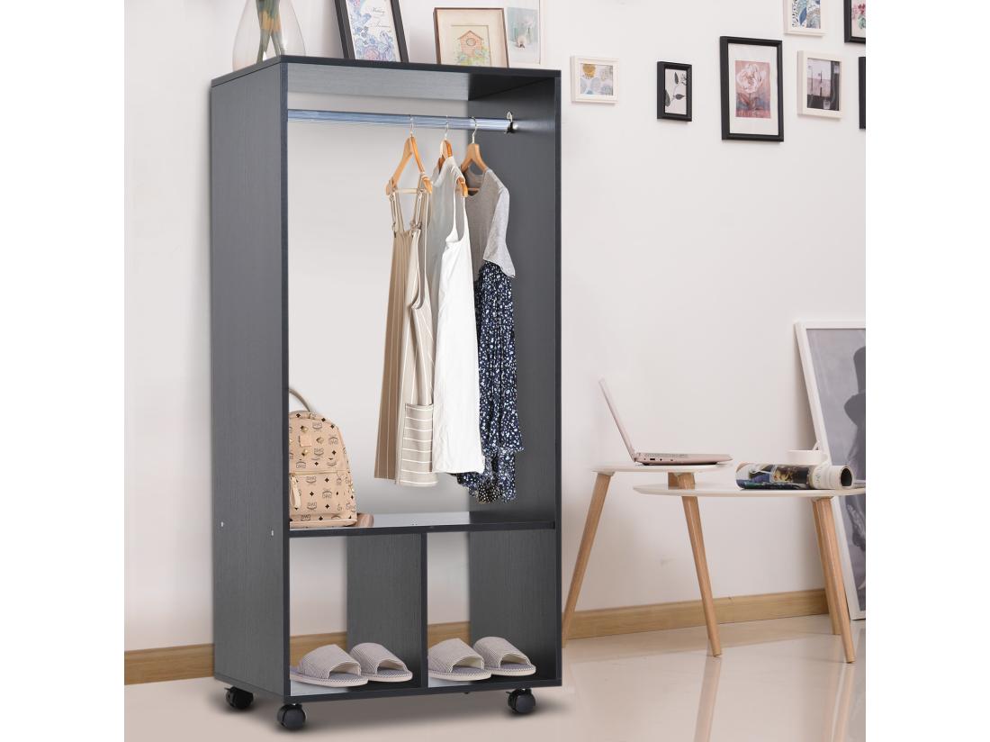 vente unique Armoire penderie étagère 2 niches penderie 4 roulettes pivotantes dim. 60L x 40l x 128H cm noir