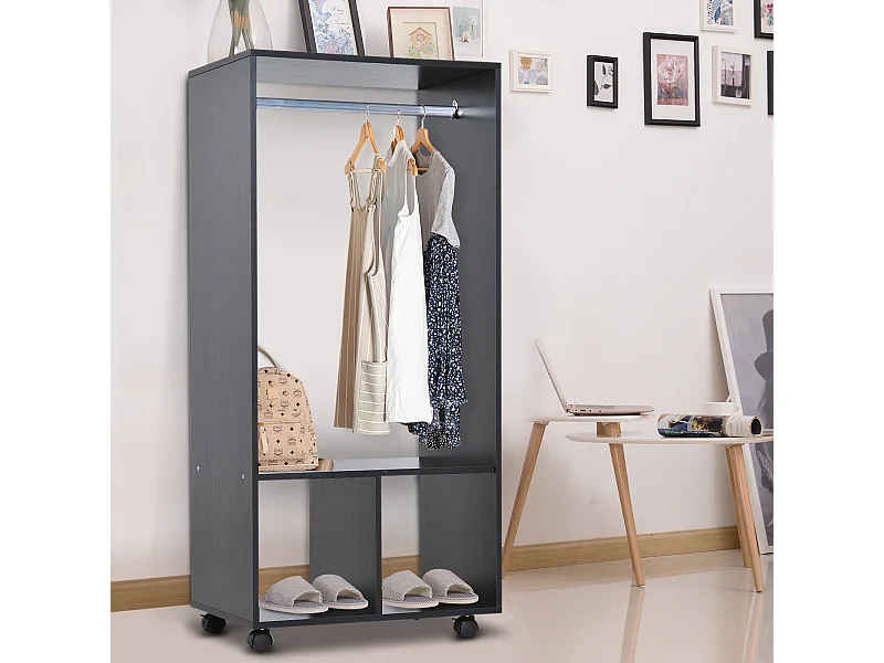 Armoire penderie étagère 2 niches penderie 4 roulettes pivotantes dim. 60L x 40l x 128H cm noir